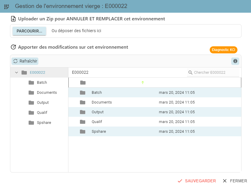 Pop-up "Gestion de l'environnement vierge", avec la zone d'upload d'un zip (zone 1) et l'arborescence des répertoires (zone 2)