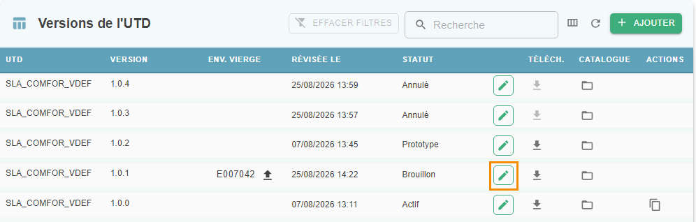 Icône Éditer (crayon) mise en évidence sur une ligne du tableau des versions