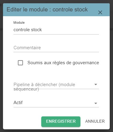 Fenêtre d'édition d'un module avec la case à cocher « Soumis aux règles de gouvernance »