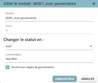 Fenêtre d'édition d'un module avec la case à cocher « Soumis aux règles de gouvernance »