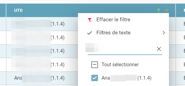 Filtre de texte sur la colonne UTD