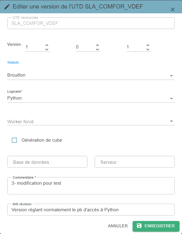 Pop-up « Editer une version de l'UTD », avec les champs pré-remplis (dont Statuts, Base de données et Serveur)