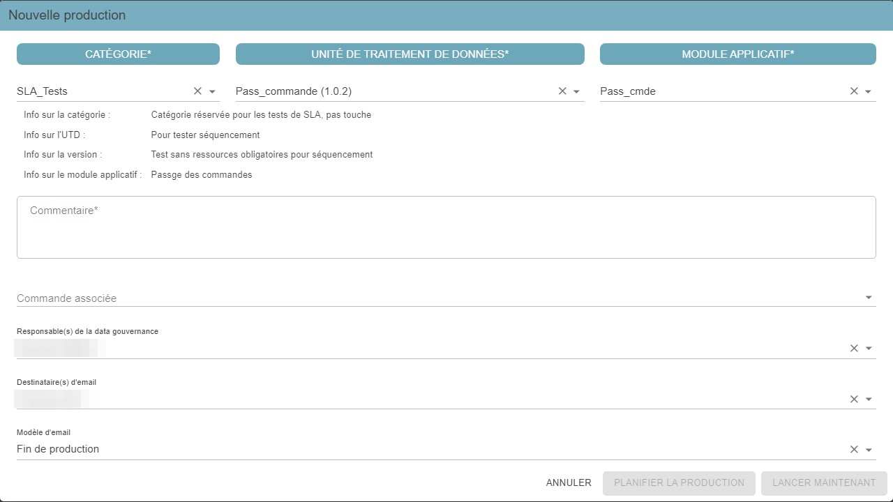 Fenêtre « Nouvelle production » pour un module soumis à la gouvernance, avec le champ « Responsable(s) de la data gouvernance »
