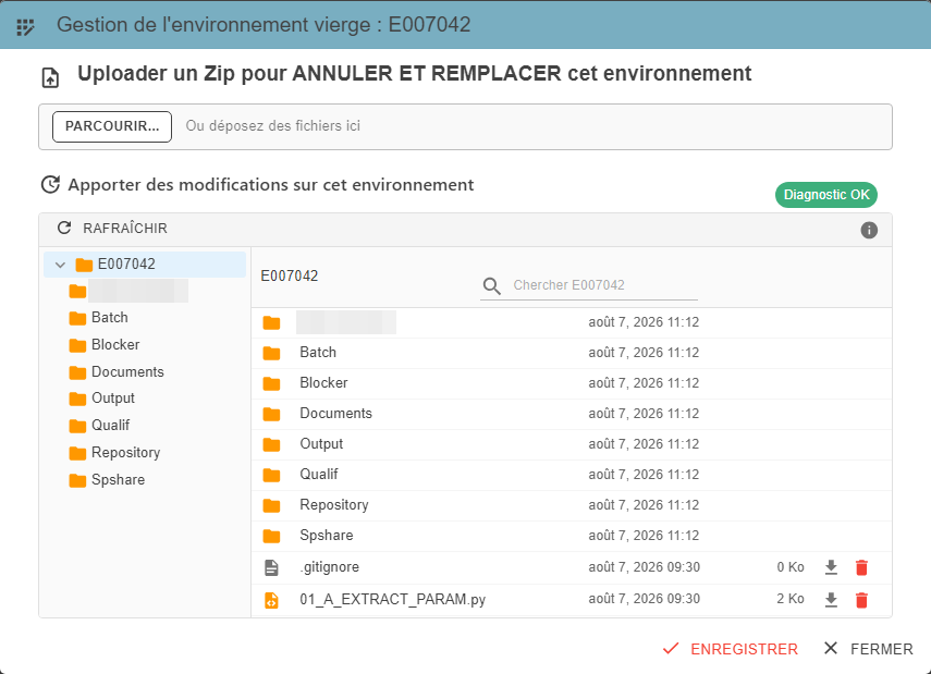 Pop-up « Gestion de l'environnement vierge », avec la zone d'upload d'un zip (zone 1) et l'arborescence des répertoires (zone 2)
