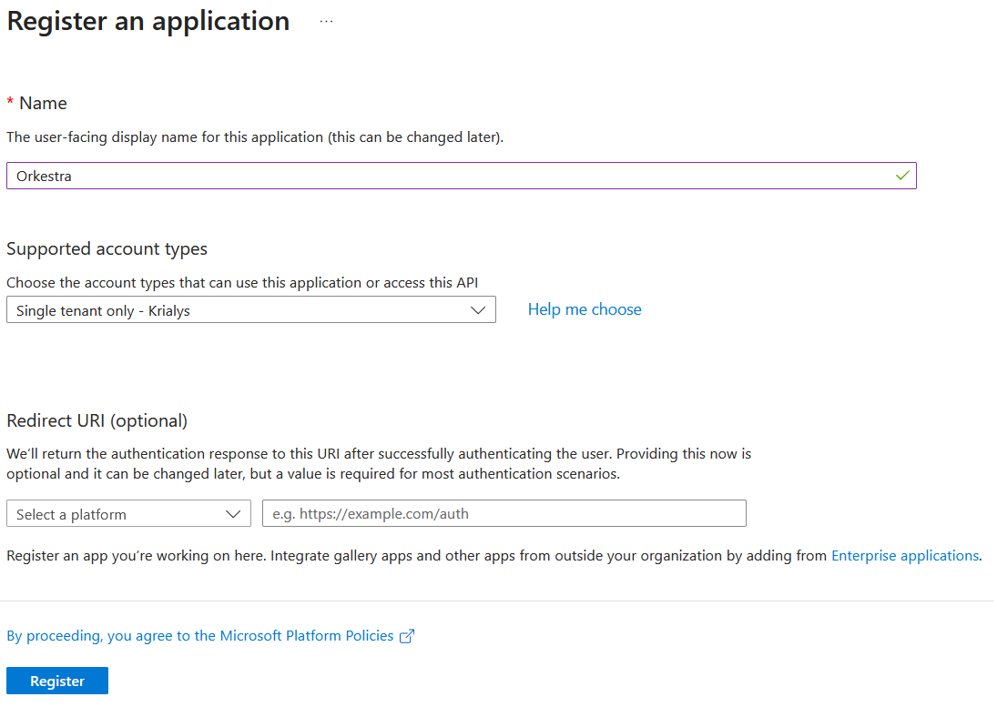 Formulaire Register an application : nom et type de comptes Single tenant only