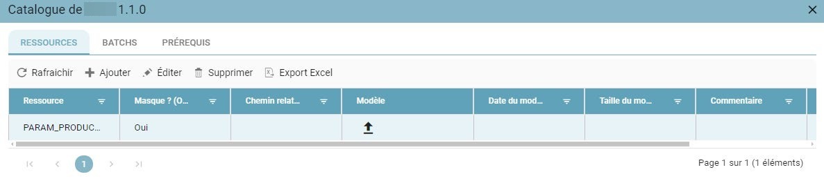 Liste des ressources du catalogue, avec l'icône de chargement d'un modèle dans la colonne Modèle