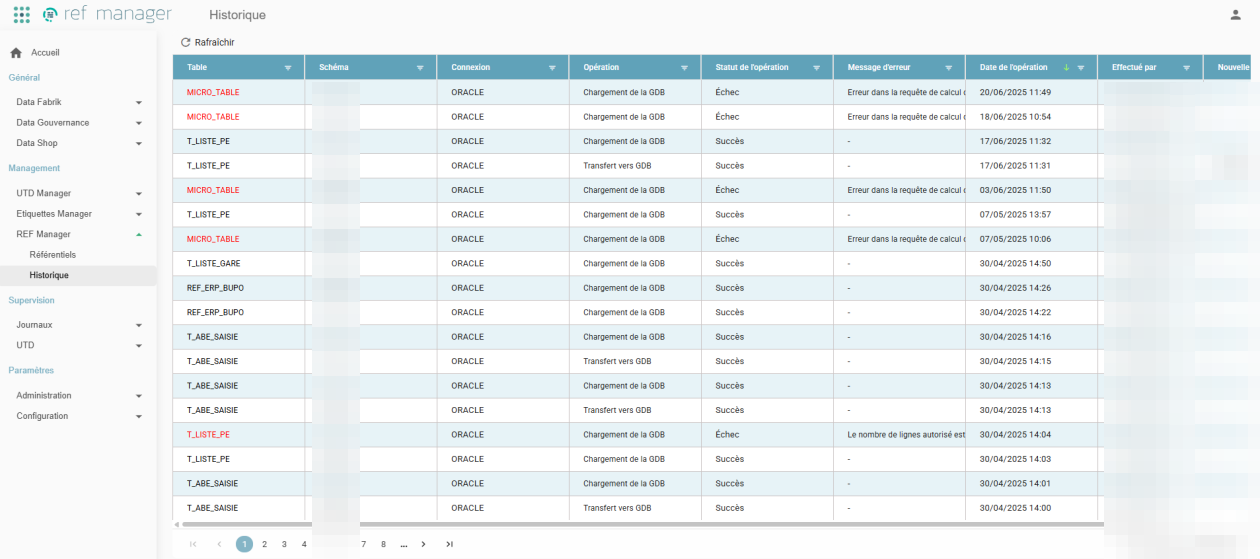 Page Historique du REF Manager listant les opérations avec les colonnes Table, Schéma, Connexion, Opération, Statut de l'opération, Message d'erreur, Date de l'opération et Effectué par