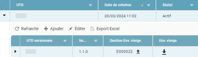 Colonne "Env. vierge" du tableau des versions, avec l'icône de téléchargement disponible