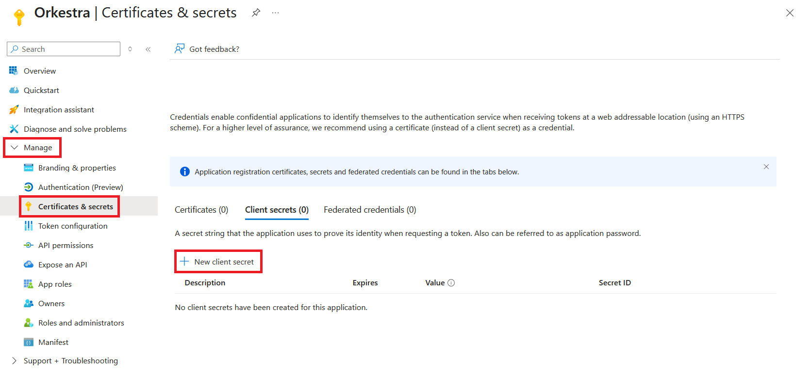 Page Certificates and secrets : onglet Client secrets et bouton New client secret