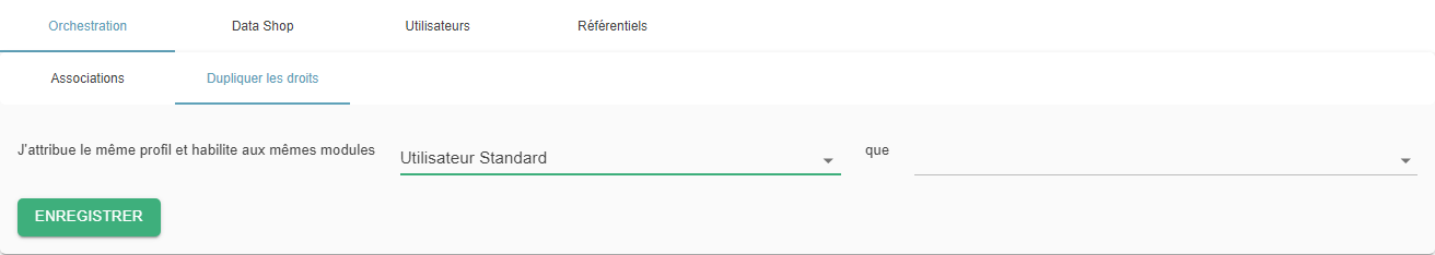 Onglet Dupliquer les droits avec la sélection de l'utilisateur cible et de l'utilisateur modèle