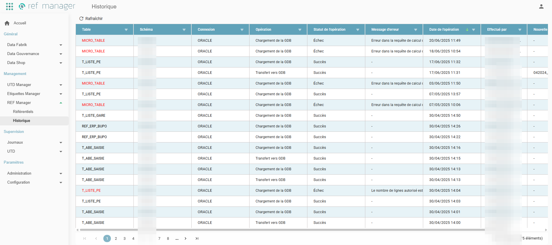 Page Historique du REF Manager listant les opérations avec les colonnes Table, Schéma, Connexion, Opération, Statut de l'opération, Message d'erreur, Date de l'opération et Effectué par