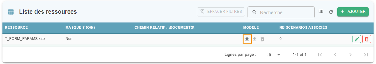 Liste des ressources du catalogue, avec l'icône de chargement d'un modèle mise en évidence dans la colonne Modèle