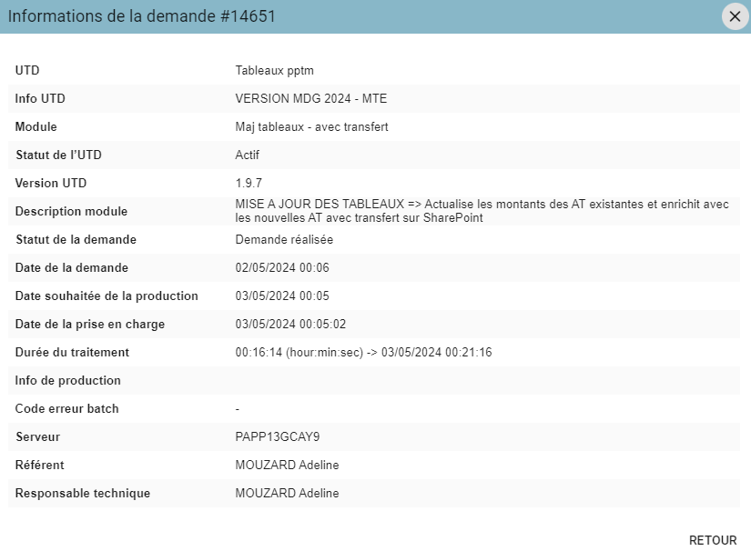 Popup Informations de la demande, listant UTD, Module, Statut, dates et durée du traitement