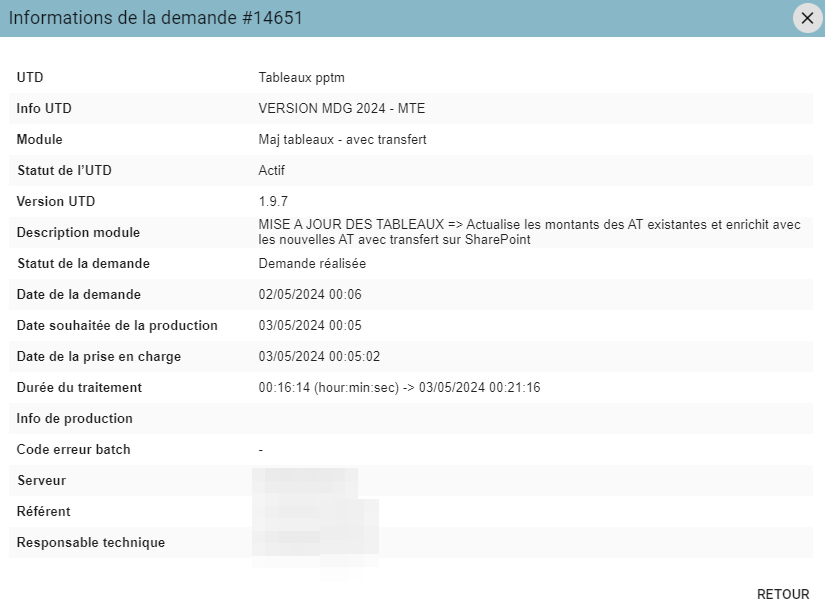 Popup Informations de la demande, listant UTD, Module, Statut, dates et durée du traitement