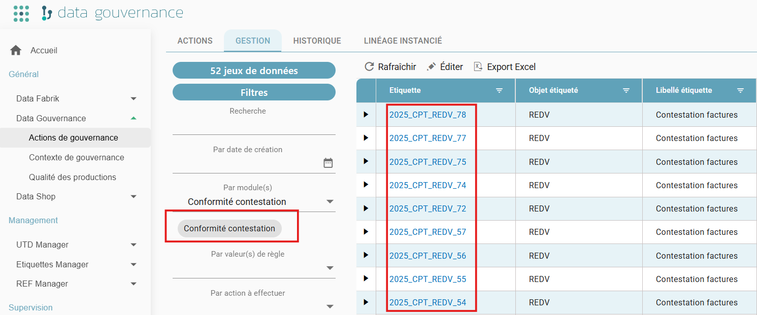 Résultat d'une recherche filtrée par module d'UTD, listant les étiquettes correspondantes