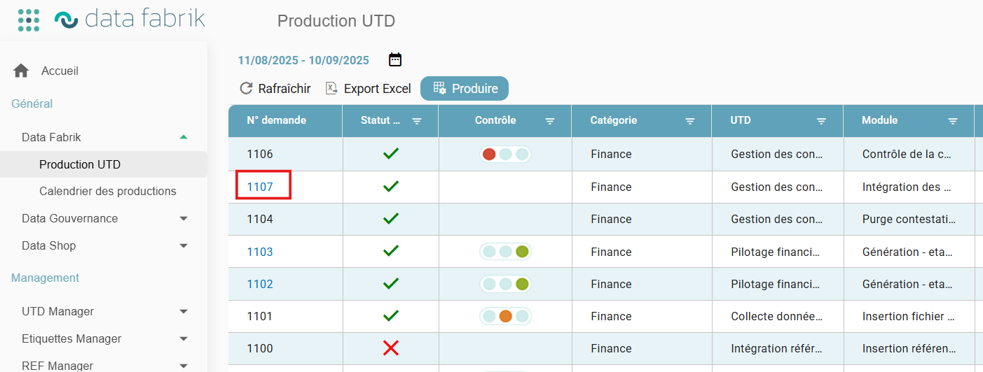 Écran Data Fabrik > Production UTD, avec sélection d'un numéro de demande de production