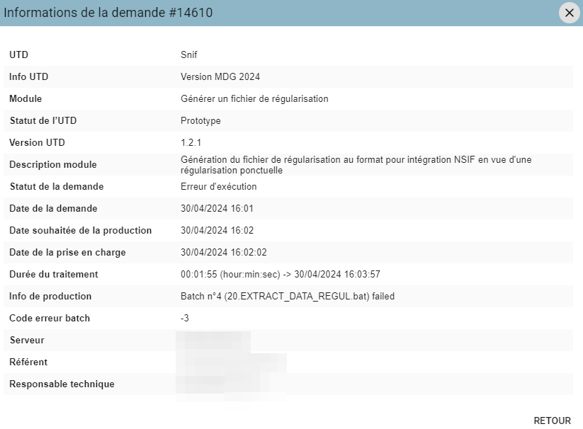 Popup Informations de la demande en erreur, indiquant le batch en échec dans le champ Info de production et le code erreur batch