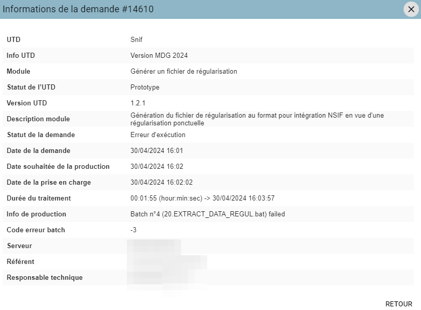 Popup Informations de la demande en erreur, indiquant le batch en échec dans le champ Info de production et le code erreur batch