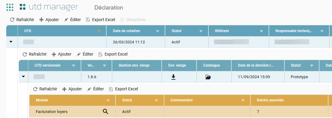 Tableau des UTD avec une version déployée, affichant la datagrid des modules et sa barre d'actions