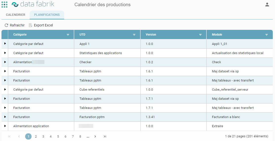 Onglet Planifications de l'écran Calendrier des productions, listant les UTD planifiées par catégorie, version et module