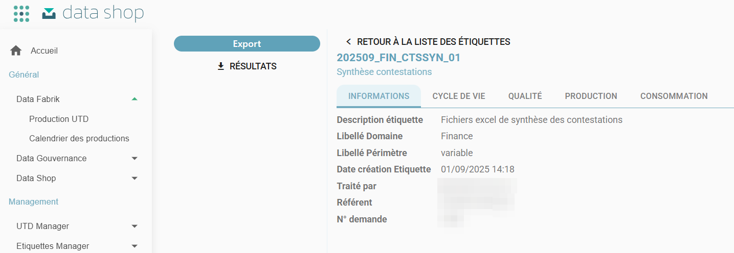 Fiche d'information de l'étiquette dans le Data Shop