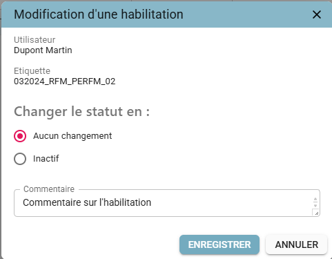 Pop-up Modification d'une habilitation DTS avec le choix du statut Inactif