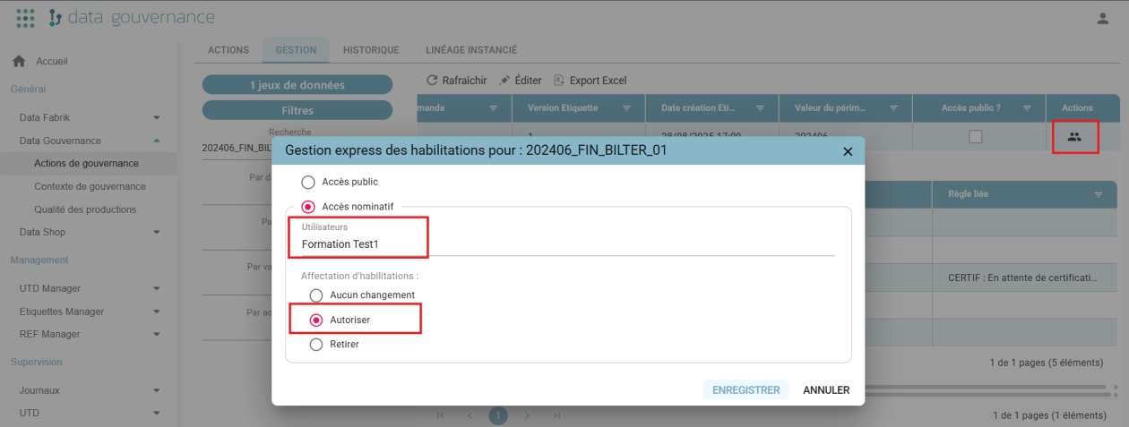 Fenêtre « Gestion express des habilitations » en accès nominatif, avec sélection d'un utilisateur