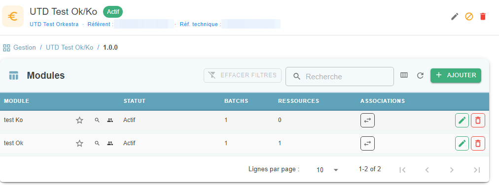 Tableau « Modules » d'une version d'UTD (fil d'Ariane Gestion / UTD / version), avec sa barre d'outils