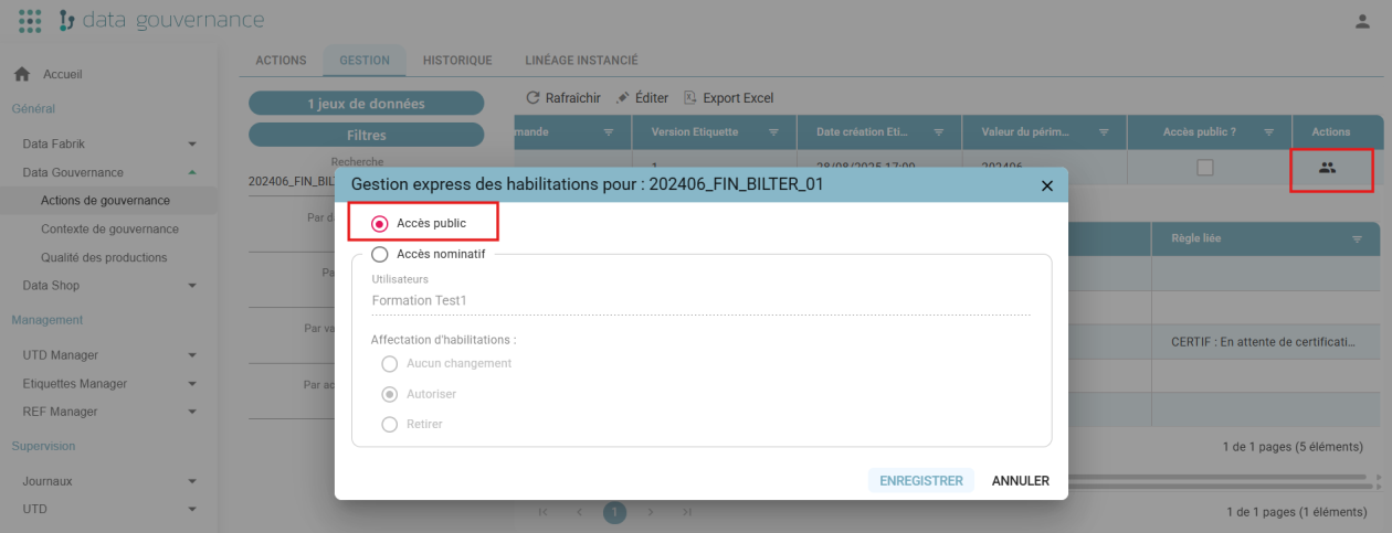 Fenêtre « Gestion express des habilitations » en accès public