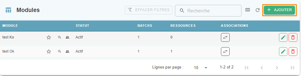 Bouton Ajouter mis en évidence dans la barre d'outils du tableau des modules