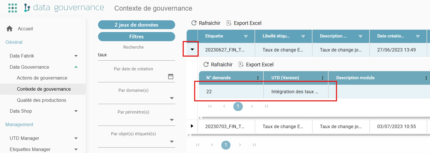 Écran Contexte de gouvernance, avec le menu déroulant déplié affichant le numéro de demande, l'UTD et la description du module