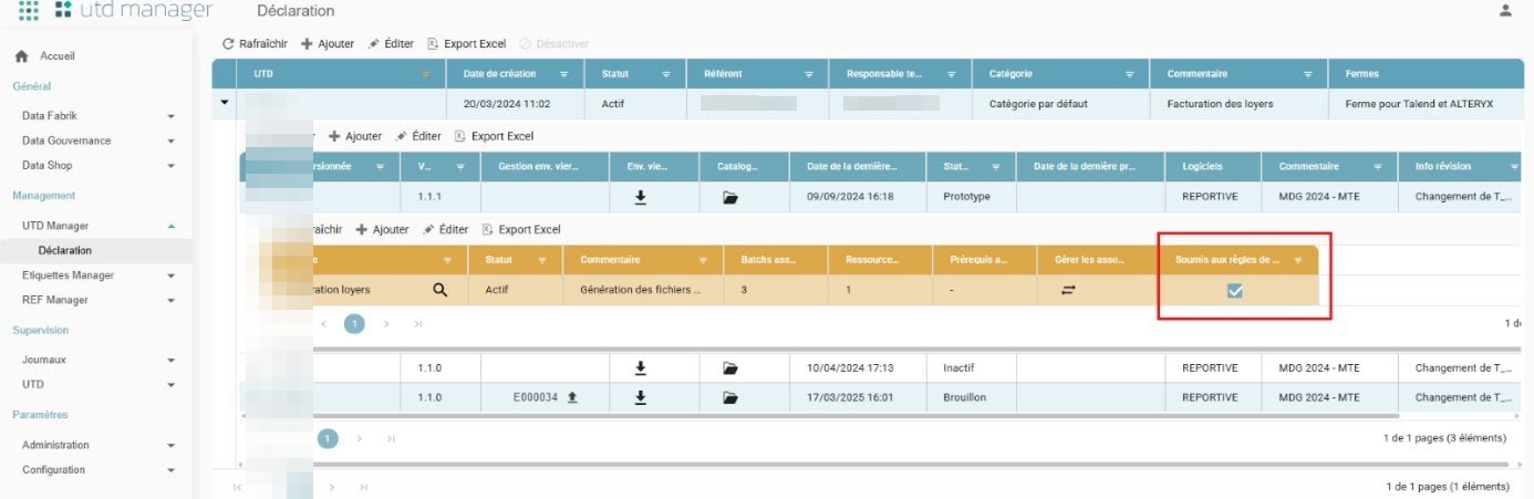 Tableau des modules d'une version, avec la colonne "Soumis aux règles de gouvernance" mise en évidence