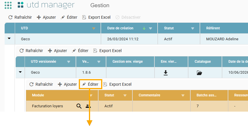 Bouton Éditer mis en évidence dans la barre d'actions des modules