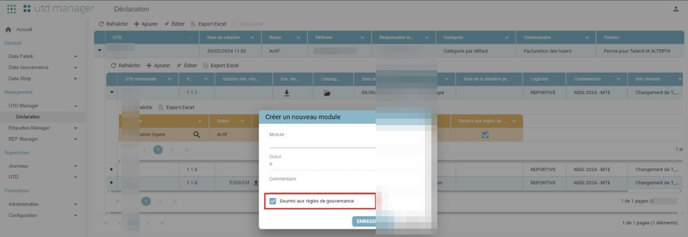 Pop-up "Créer un nouveau module", avec la case "Soumis aux règles de gouvernance" cochée et mise en évidence