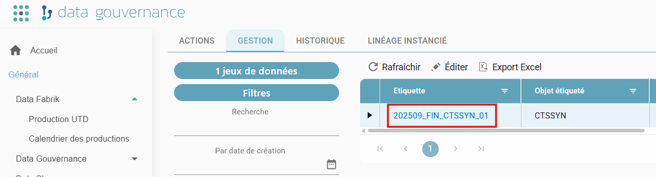 Onglet Gestion, avec l'étiquette sous forme de lien