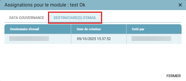 Pop-up "Assignations pour le module", onglet DESTINATAIRE(S) D'EMAIL, listant les destinataires du mail de fin de production