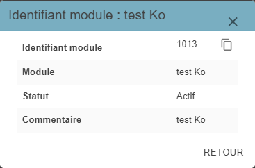 Pop-up « Identifiant module », avec l'identifiant, le nom du module, le statut et le commentaire