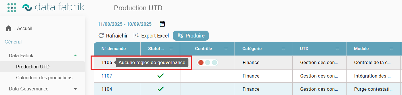 Écran Data Fabrik > Production UTD, avec une demande de production affichant l'infobulle « Aucune règles de gouvernance »
