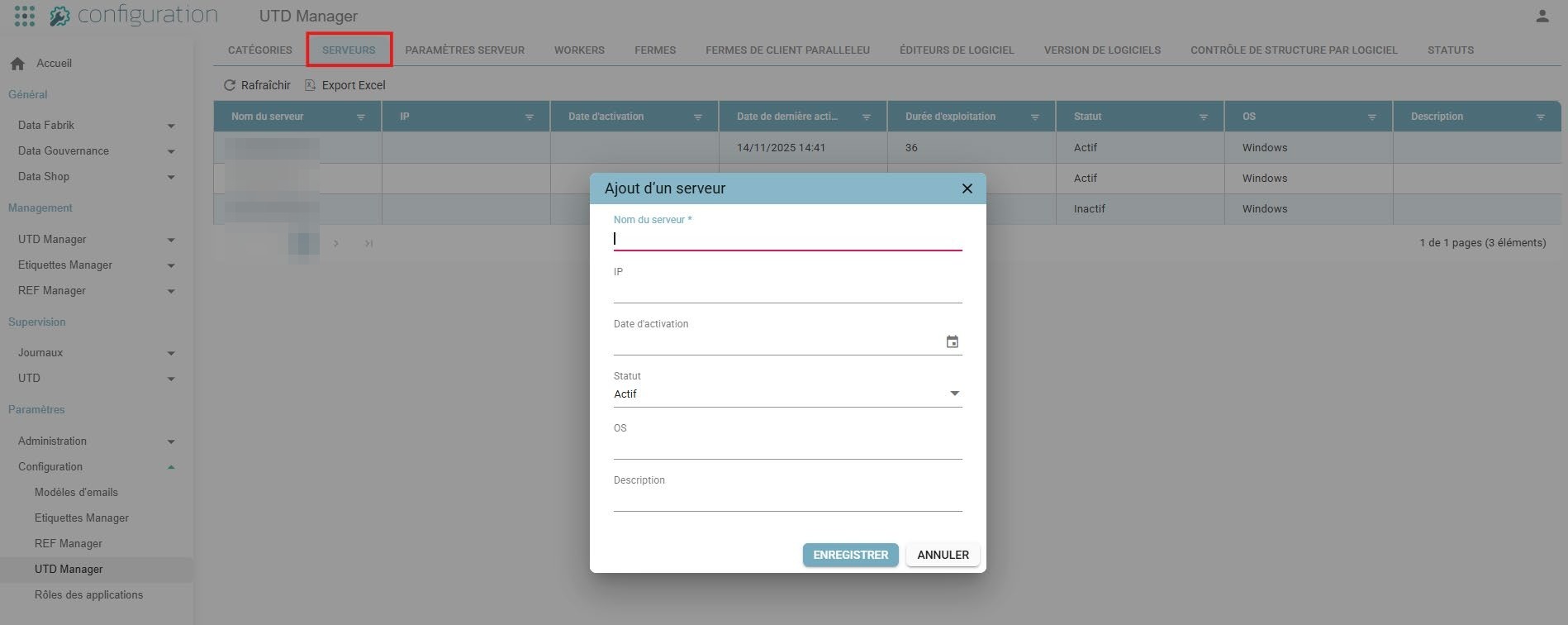 Onglet Serveurs de la Configuration UTD Manager, avec le pop-up "Ajout d'un serveur"