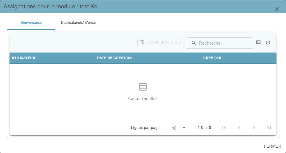 Pop-up « Assignations pour le module », onglet Gouvernance, listant les responsables de la data gouvernance (vide dans cet exemple)