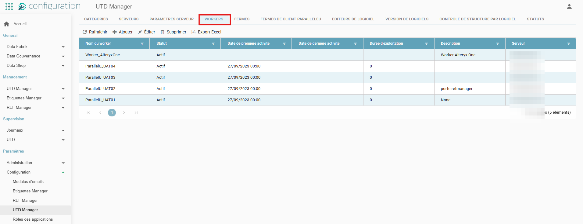 Onglet Workers de la Configuration UTD Manager, avec la liste des workers et leur serveur