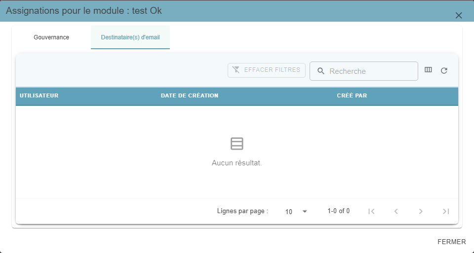 Pop-up « Assignations pour le module », onglet Destinataire(s) d'email, listant les destinataires du mail de fin de production (vide dans cet exemple)