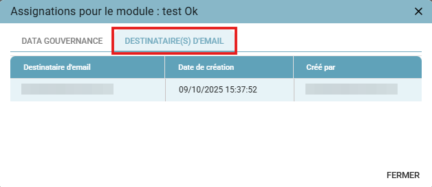Pop-up "Assignations pour le module", onglet DESTINATAIRE(S) D'EMAIL, listant les destinataires du mail de fin de production
