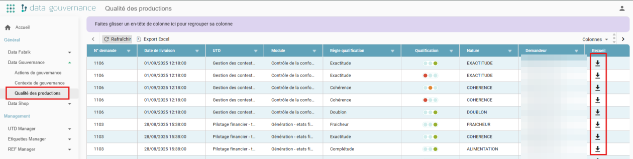 Écran Qualité des productions, listant les demandes avec leur UTD, module, règle de qualification, qualification et nature
