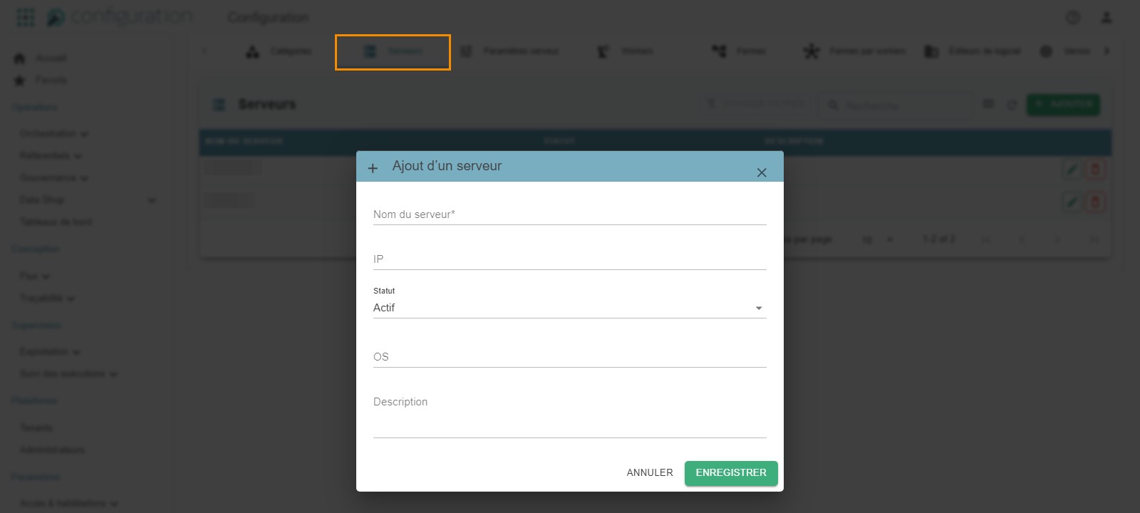 Onglet Serveurs de Flux > Configuration, avec le pop-up « Ajout d'un serveur » (Nom du serveur, IP, Statut, OS, Description)