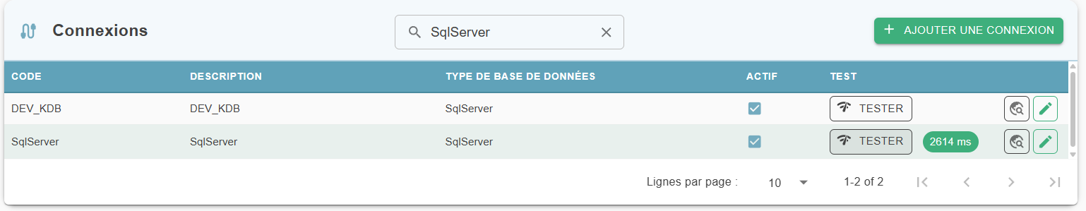 Onglet Connexions : bouton Tester et pastille verte indiquant le temps de réponse de la connexion