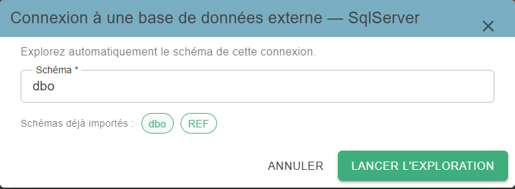 Fenêtre d'exploration d'une connexion : champ Schéma et schémas déjà importés proposés