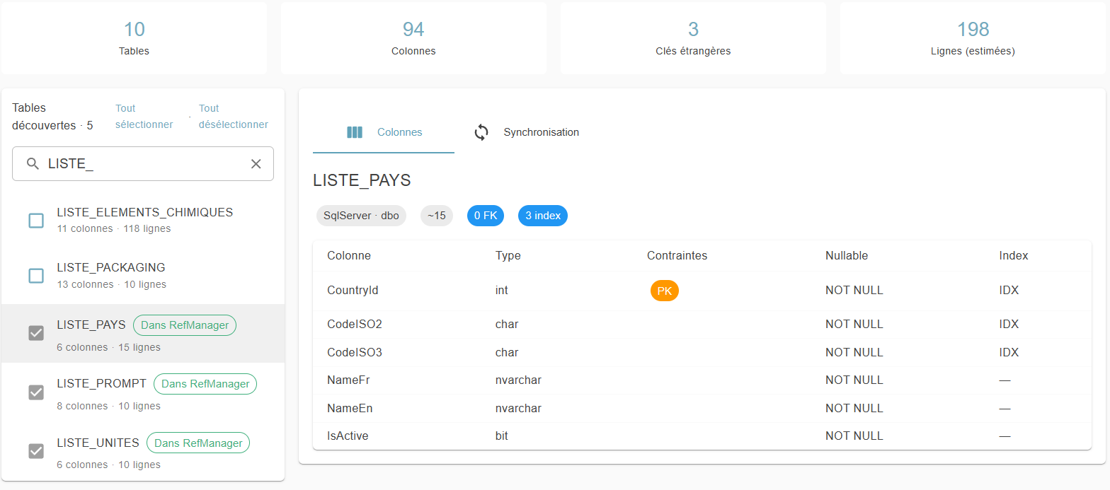 Page Introspection : indicateurs, liste des tables découvertes et colonnes de la table sélectionnée