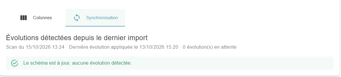 Onglet Synchronisation lorsque le schéma est à jour : aucune évolution détectée