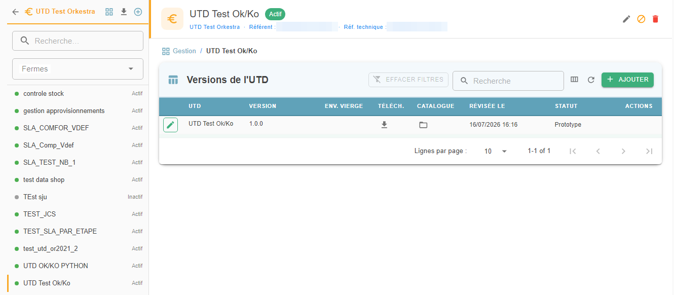 Processing screen: list of the UTDs of the category selected on the left, UTD header with its Edit, Deactivate and Delete icons, and the UTD versions table